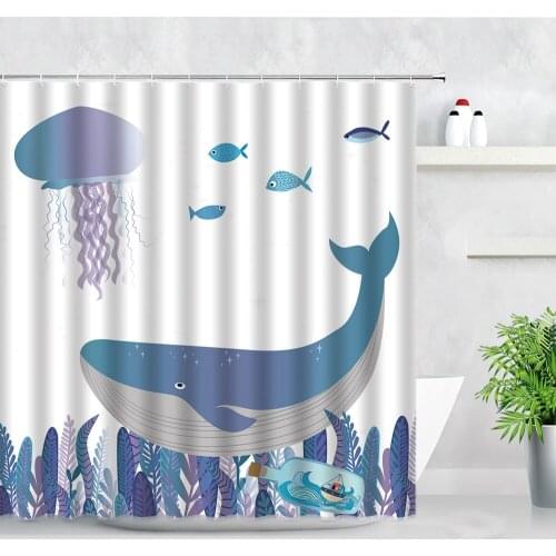 Cartoon Shower Curtains Whale Jellyfish Fish Water Grass Seabed World Print Child Bathroom Decor Waterproof Fabric Curtain Set