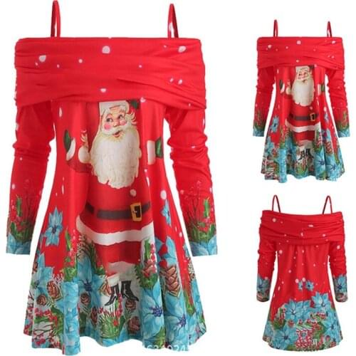 WomenS One-Shoulder Santa Printed Sling Long Sleeve One-Shoulder Casual T-Shirt Red