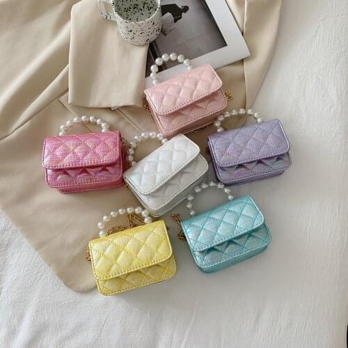 Women Lattice Pattern Crossbody Bag Stylish Ladies PU Leather Pearl Chain Shoulder Bags Mini Pure Color Flap Purse