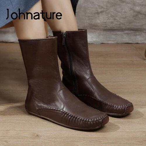 Johnature Genuine Leather Ankle Boots Women Shoes Zip Flat With Sewing Leisure 2021 New Handmade Concise Round Toe Ladies Boots