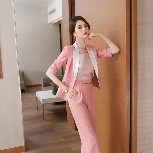 2021 Spring/Summer Womens Pants Suit Pink Black White Blazer +Trouser Bussiness Jacket Office Lady 2 Pieces Set Plus Size S-5XL