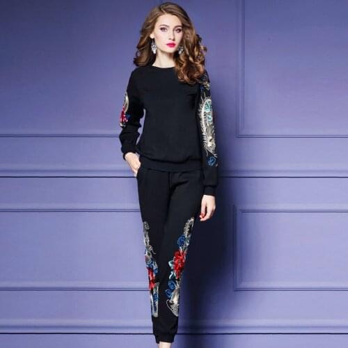 Woman Two Piece Set Tracksuits for Women Top and Pants Plus Size Long Sleeve Flowers Embroidery Hoodies Sporting Suit Female