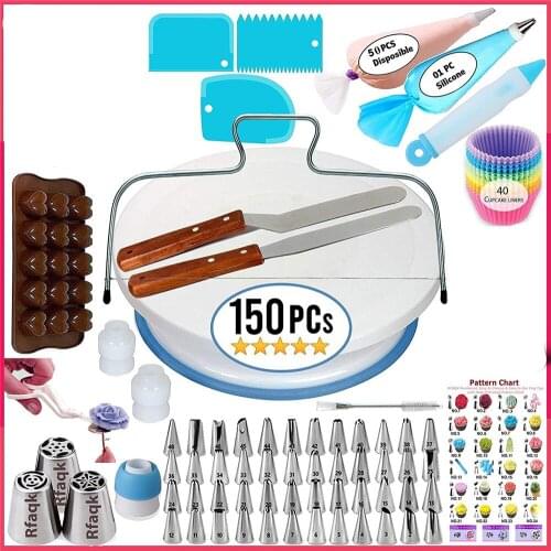 150 Pcs Cake Decorating Tools Set Cake Turntable Pastry Bag Large Russian Nozzle Silicone Cup Spatula Egg Beater Scraper