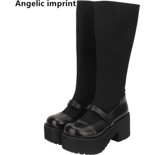 Angelic imprint handmade mori girl Women Gothic motorcycle punk boots lady lolita Boots woman high heels shoes PU and flock 8cm