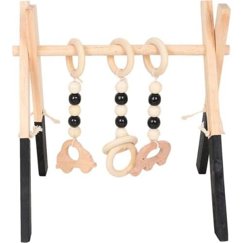 Wooden Baby Rattle With Hanging Toys Foldable Baby Play Gym Hanging Mobile Bed Pendant Wooden Ring Teether Infant Molar Teething