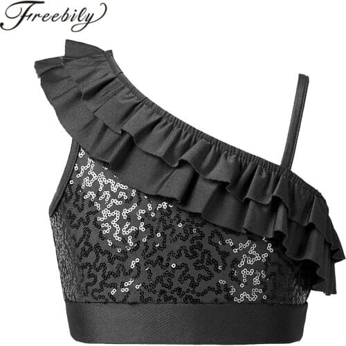 Kids Girls Jazz Dance Costumes Asymmetrical Shoulder Straps Sleeveless Ruffle Sequins Tops Dance Crop Top Ballet Dancewear