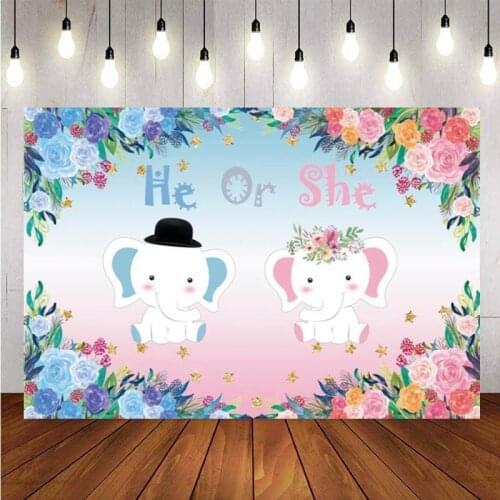 Elephant Gender Reveal Baby Shower Photo Backdrop Newborn Party He Or She Custom Photography Background Decor Banner Supplies