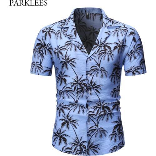 Blue Hawaiian Shirt Men 2019 Summer Short Sleeve Palm Tree Print Button Down Aloha Shirts Mens Holiday Party Camisa Hawaiana 2XL