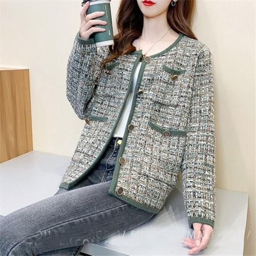20844 (3 room 12 ranked no. 1) not make web celebrity figure grid stripe round collar knitting cardigan 53