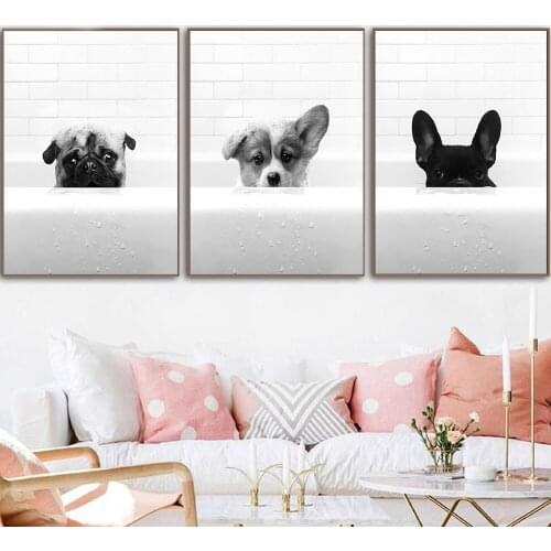 Three Dogs In Bathroom Black and White Canvas Painting Wall Art Nordic Posters and Prints Wall Pictures for Living Room Decor