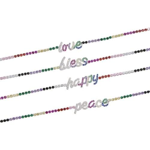 2019 Rainbow cz tennis chain with letter peace love hope bless charm paved choker short necklace tiny thin chain for wedding