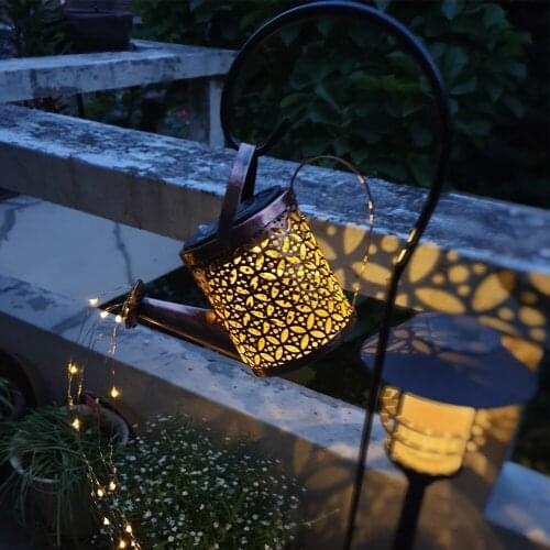 Wrought Iron Hollow Out Lamp Metal Solar Powered Watering Can Sprinkles Fairy Light LED Outdoor Garden Waterproof Shower Light