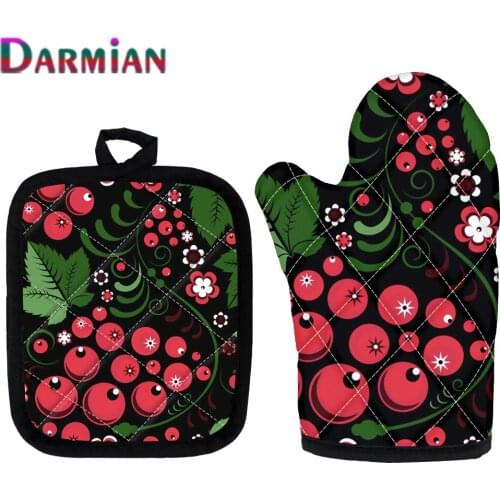 DARMIAN Khohloma Russian Pattern Design Oven Microwave Insulation Mat 2Pcs/set Oven Baking Anti-Hot Gloves Home Kitchen Tools