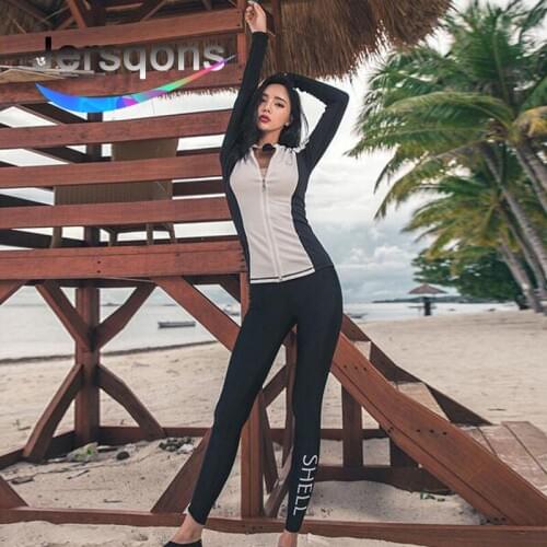 Jersqons 2019 New Rash Guards Front Zipper Swimwear Surfing Suit Long Sleeves Swimsuit Two Piece Beachwear