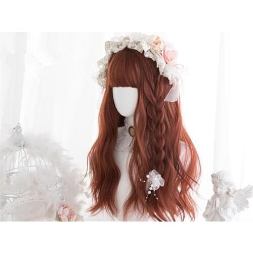 Lolita Girl 55CM Long Wavy Orange Red With Bangs Synthetic Cute Lady Women Cosplay Wig D131