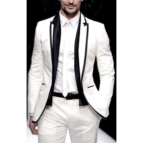 Mens Wedding Suits Formal 2 Pieces White Single Breasted Peak Lapel Slim Fit Stylish Blazer Jackets and Pants Costumes