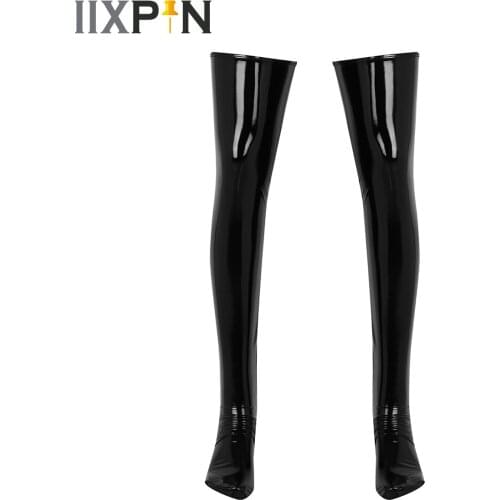 PU Leather Mens Lingerie Wetlook Black Long High Footed Stockings Hot Erotic Stockings Party Night Clubwear Cosplay Accessory