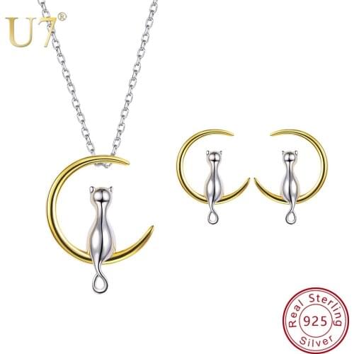 U7 925 Sterling Silver Cat Sit on Moon Necklace And Stud Earrings Set Birthday Valentines/Mothers Day Gift for Girl/Women SC89
