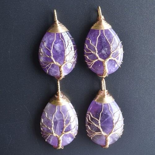 Wholesale 4pcs/lot fashion natural purple crystal tree of life handmade wire wrapped drop Pendants for necklace jewelry marking