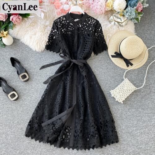 Cyanlee Women Office Lady Dress Summer New Solid O-Neck Sashes Empire Hollow Out Dresses Midi Slim Sweet Chic Fashion Vestidos