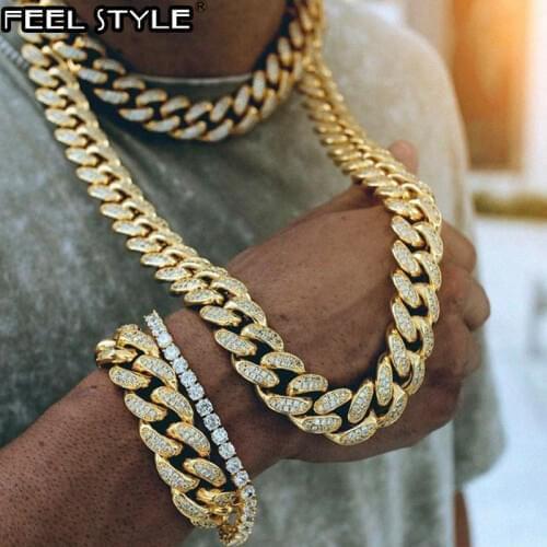 Full Rhinestones Iced Out Miami Curb Cuban Chain Necklace Length Gold Paved CZ Bling Necklaces For Men Hip Hop Jewelry