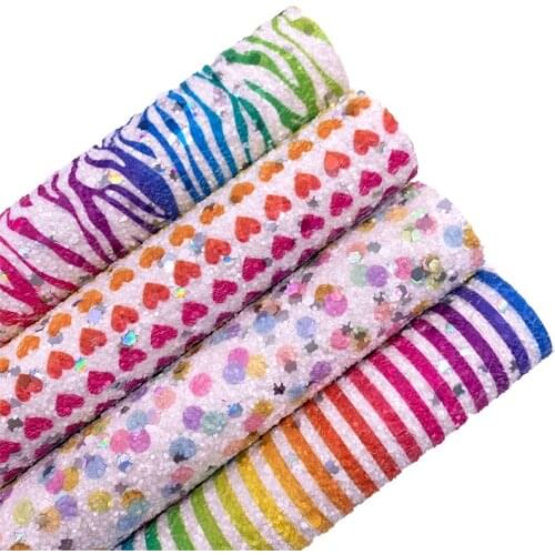 Zebra Hearts Polka Dots Stripes Printed Chunky Glitter Vinyl Fabric Sheet Felt Backing Leather For Bow Earrings DIY A4 SIZE T575