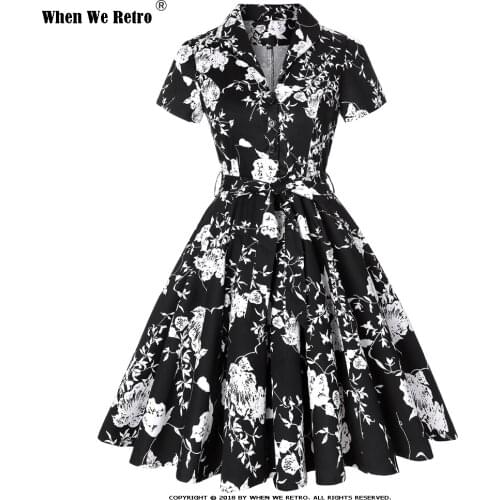 Retro Floral Print 50s 60s Large Swing Vintage Spring Dress SD0002 Black White Floral Flower Cotton Women Dress 3XL Plus Size