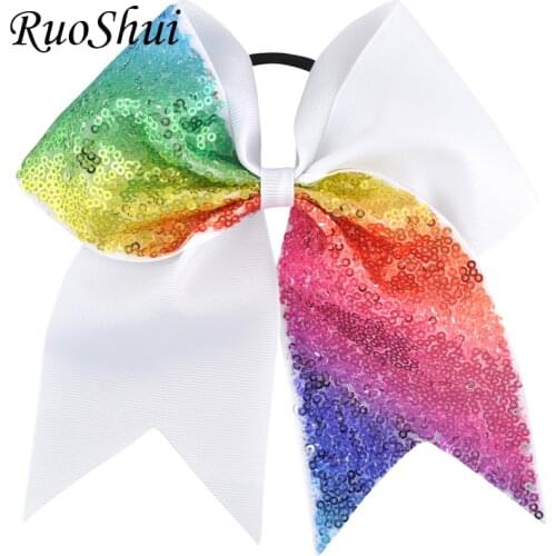 7 inch Large Sequin Cheerleading Bow Hair Bow Rainbow Elastic Hair Band Grosgrain Ribbon Children Girls Hair Accessories