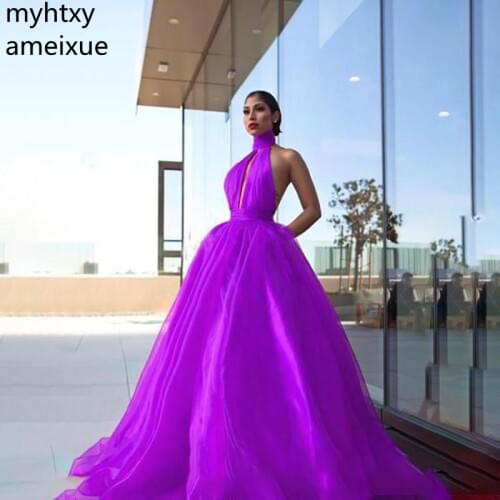 Sexy Open Back Prom Dress 2020 Puffy Skirt Halter Neck Long Formal Graduation Evening Party Gown Custom Made Vestidos Elegantes