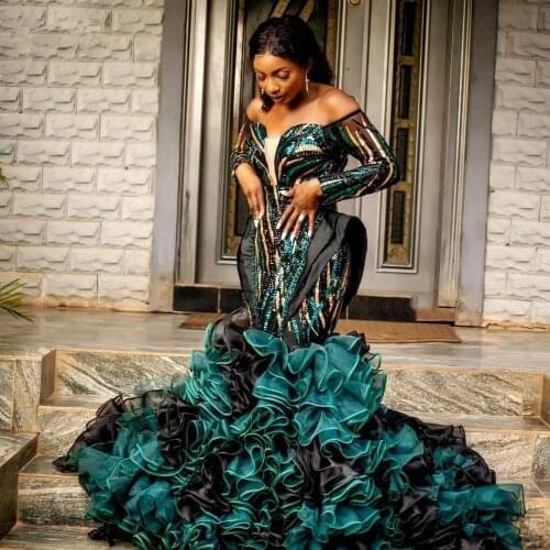 Hunter Green Ruffles Mermaid Evening Dresses African Sparkle Appliques Aso Ebi Prom Dress Long Sleeves Plus Size Party Gowns