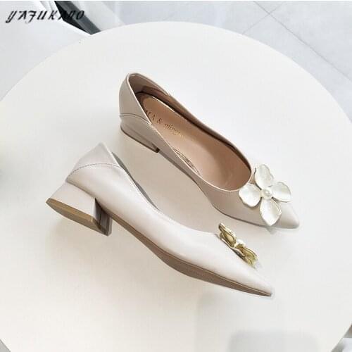 Autumn Thick Heel Pointed Toe High Heels Female Pumps Low Heel Soft Leather Work Single Shoes Fairy Style Petal Party Dress Shoe