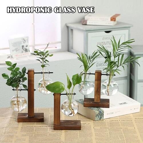 Hydroponic Plant Vase Vintage Transparent Wooden Rack Vase Decoration Home Decor Decoración Hogar Moderno