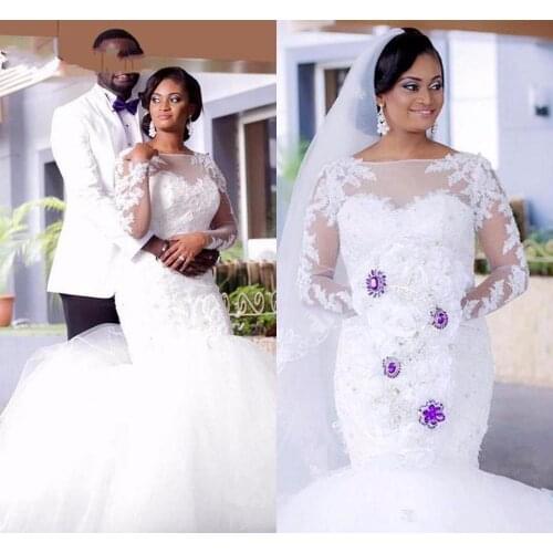 High Quality Mermaid Lace Scoop Long Sleeves Floor Length Custom Made Wedding Gown Bridal Dresses 2020