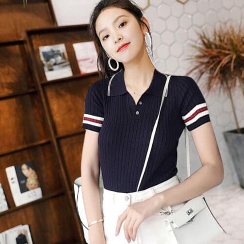New Women T Shirt Summer Stripe Slim Knitted Top Short Sleeve Lapel Casual Tops T-Shirt Clothing