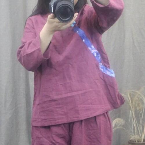 Johnature Fashion Retro Patchwork Plate Buckle O-neck Nine Quarter Sleeve Shirt 2021 Autumn New Cotton Linen All-match Women Top