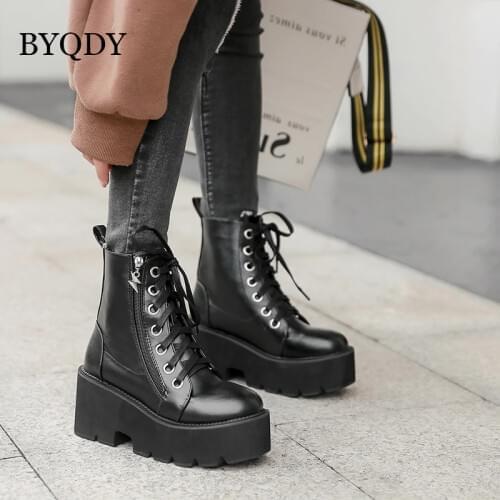 BYQDY Spring Autumn Women Shoes Round Head Black Wedges Heels Boots Gothic Lacing Platform Ankle Boots Chunky Heel Ladies Shoes