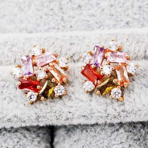Women Luxury Indian Jewelry Lotus Flower Earrings Fashion Bohemian Vocation Style Red Zircon Small Stud Earrings accessories