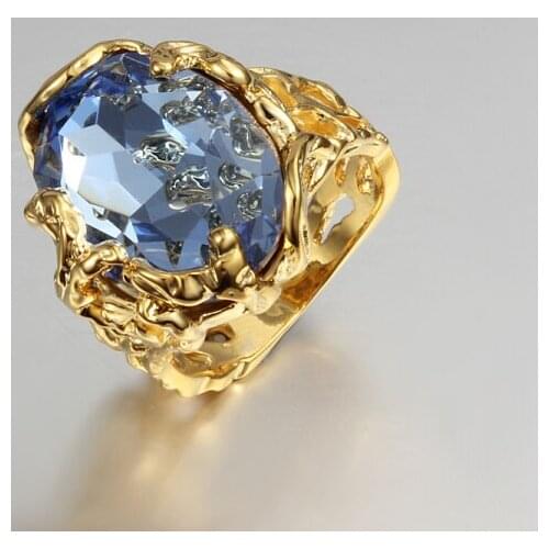 Gold-color women hollow gift ring paved large blue cz zircon design high quality gift jewelry finger weeding ring jewellery