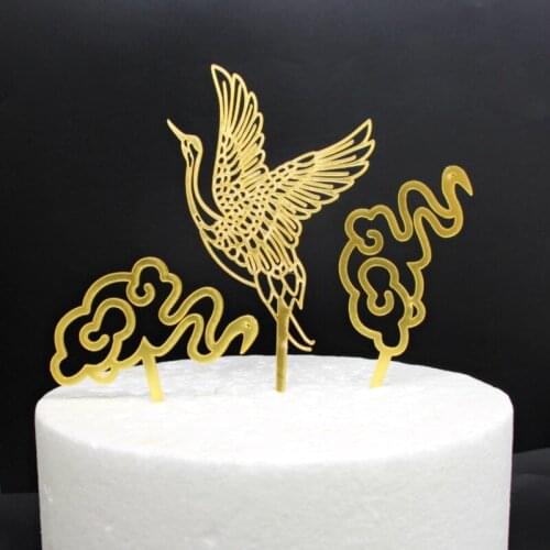 3pcs/set Chinese Style Crane Shaped Cake Topper Exquisite Acrylic Dessert Decoration for Party Festival (Golden)