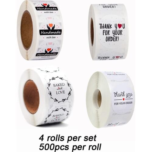 4 Roll/Set White Circle Seal Stickers Thank You Handmade Sticker Baking Products Packaging Stickers Stationery Label 2.5cm