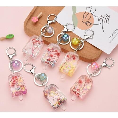 Acrylic Dried Flower ice cream Key Chains Liquid Floating Bottle Keychain Seabed Animal Doll Drifting Bottle Bag Pendant Keyring