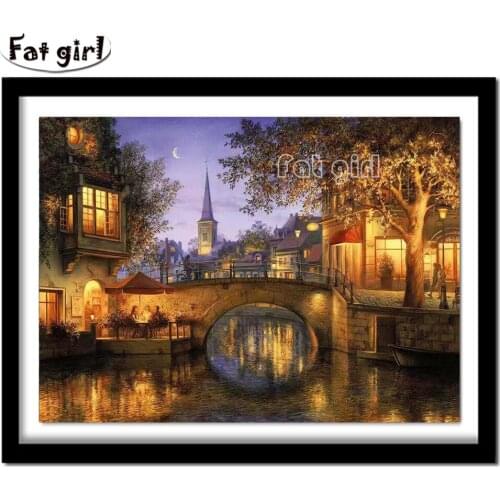 The View Of The City 5D Diamond Embroidery Arch Bridge Night View Mosaic Square/Round Drill Diy Diamond Painting Cross Stitch