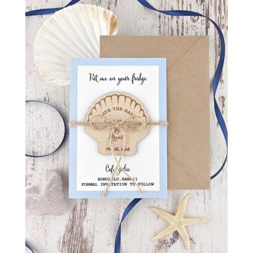 Personalize names date engraved Wooden Card save the date Wedding invitations Magnets,Shell Magnet, Beach Magnet