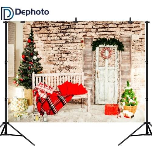 Dephoto Gray Brick Wall Christmas Tree Bench Wooden Door Child Portrait Backgrounds Photography Backdrops Photocall Photo Studio