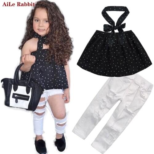 AiLe Rabbit Summer Kids Fashion Girls Clothing Sets 3 pcs Black Blouse Top & hole Casual Jeans&Collar band Clothes k1