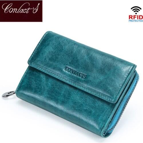 Contacts RFID Short Wallet Female Genuine Leather Coin Purse Small Wallets Women Card Holder Zipper Money Bag For Girls Cartera