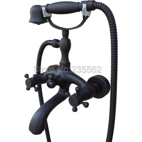Black Oil Rubbed Brass Bathroom Shower Taps Dual Handle Bathtub Faucet Set with Wall Mounted Handheld Shower Spray ltf704