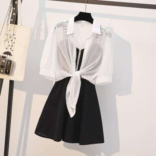 Summer large womens 2021 new fat sister mm mesh top slim age reducing Sling Dress Suit