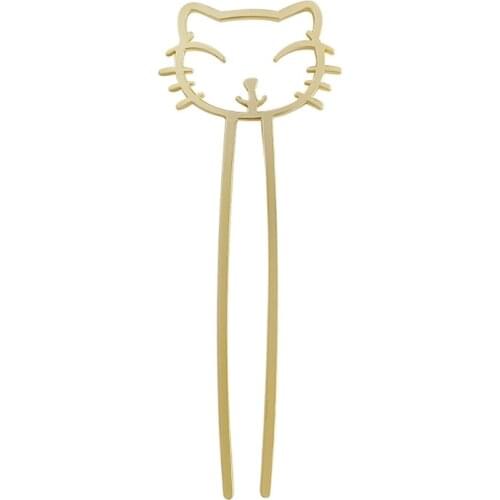 Frosted Metal Hair Stick Fork Clip Cat Shaped 2 Prongs Hairpin Updo Bun Holder