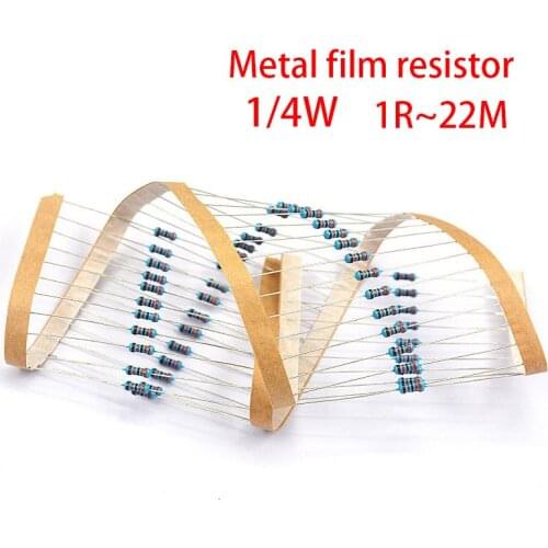 100pcs 1/4W Metal film resistor 1R~22M 1% 100R 220R 1K 1.5K 2.2K 4.7K 10K 22K 47K 100K 100 220 1K5 2K2 4K7 ohm resistance
